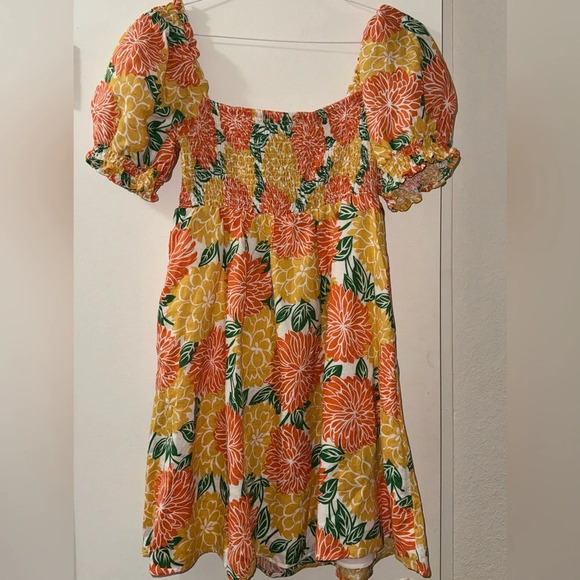 HOUSE OF HARLOW 1960 LINEN FLORAL SUNDRESS SIZE MEDIUM YELLOW ORANGE MINI poplin - Picture 1 of 6